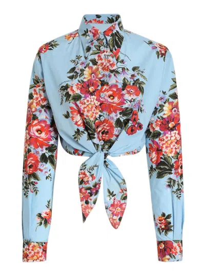 Dolce & Gabbana Floral Shirt Collared Neck Long Sleeves Tie Front In Blue