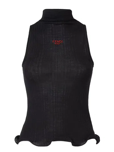 Fendi High Neck Fitted Sleeveless Top With Ruffles Clothing In Black
