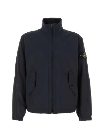 Stone Island Stretch Polyester Jacket Elastic Cuffs High Collar In Blue