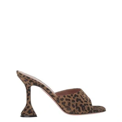 Amina Muaddi Leopard Suede Flat Square Open Toe 95 Mm Heel Sandals In Brown