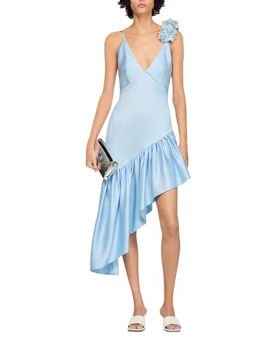 Sandro Paris Lyocell-linen Asymmetric Ruffle Midi Dress In Blue