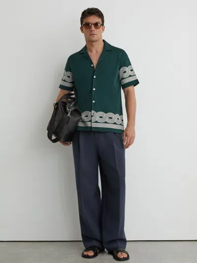 Reiss Mens Soft Sage Green Arden Embroidered-trim Cotton-blend Shirt