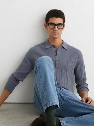Reiss Steel Blue Dillingham Wide-ribbed Half-button Polo Jumper