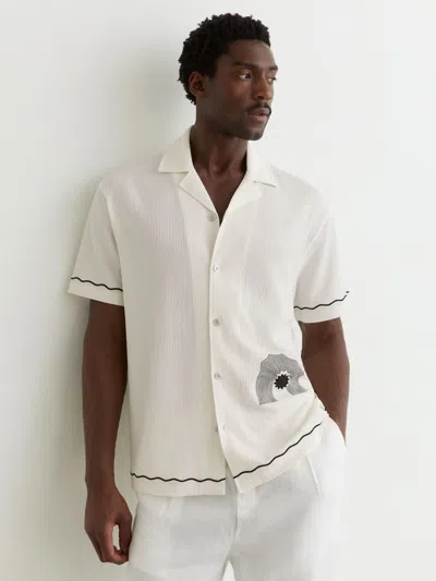 Reiss White Solano Textured Motif-print Cuban-collar Shirt In Neutral