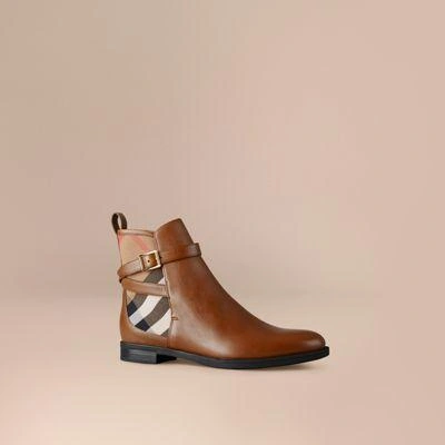 Burberry Strap Detail House Check And Leather Ankle Boots In Chestnut |  ModeSens