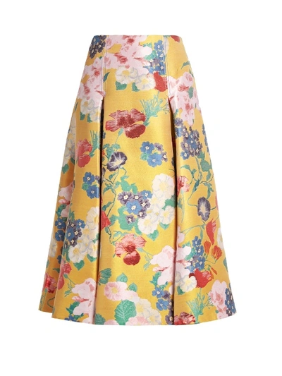 Shop Valentino Floral-brocade Pleated Silk-blend Skirt In Golden-yellow