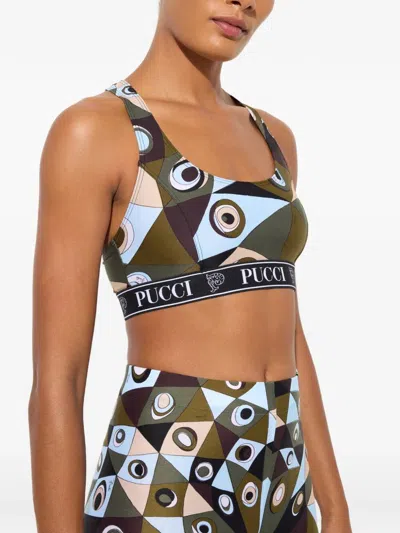 Pucci Logo-band Printed Performance Bra In Brown