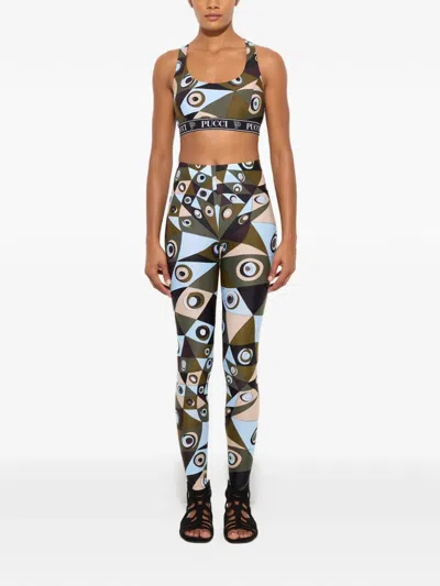 Pucci Logo-band Printed Performance Bra In Brown