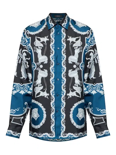Versace Silk Shirt With Printed Design And Button-down Collar In Multi