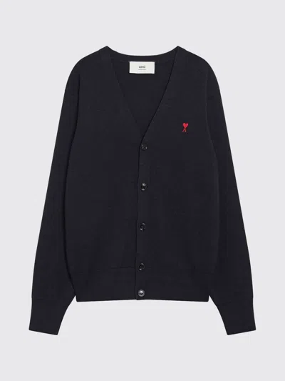 Ami Alexandre Mattiussi Ami Paris Men Blue Cardigan With V Neck And Adc Embroidery On The Front In Wool Blend Man
