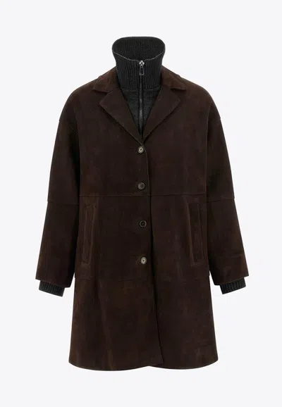 P.a.r.o.s.h Suede Coat With Knit Insert And Front Button Closure In Brown
