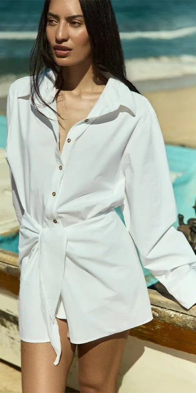 Anemos L.a. Button-down Wrap Mini Dress In Stretch Cotton In White