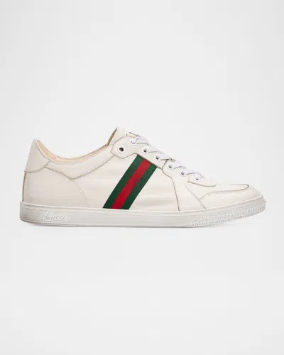 Gucci Leather Stretch Lace Up Sneakers Signature Stripe In Neutral