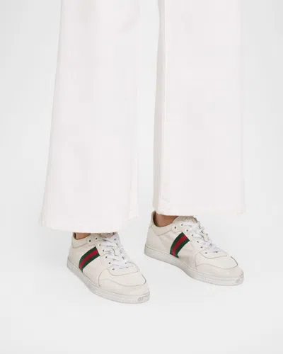 Gucci Leather Stretch Lace Up Sneakers Signature Stripe In Neutral