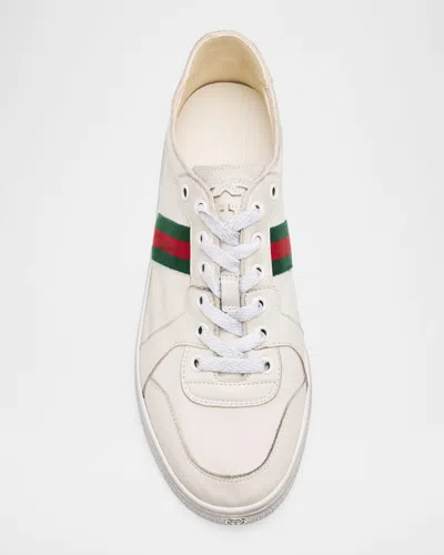 Gucci Leather Stretch Lace Up Sneakers Signature Stripe In Neutral