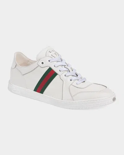 Gucci Leather Stretch Lace Up Sneakers Signature Stripe In Neutral