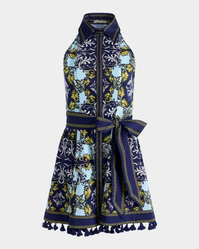 Alice And Olivia Lucy Halter Mini Shirt Dress Antique Scroll In Blue