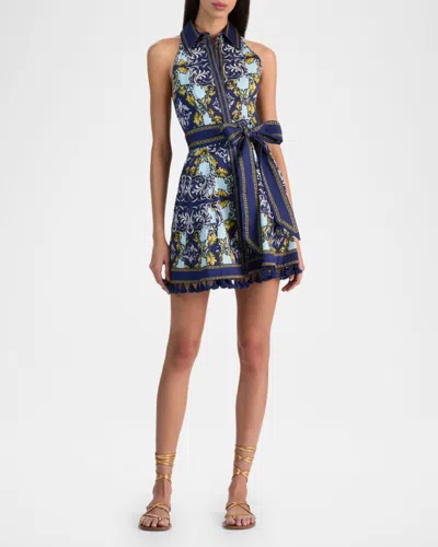 Alice And Olivia Lucy Halter Mini Shirt Dress Antique Scroll In Blue
