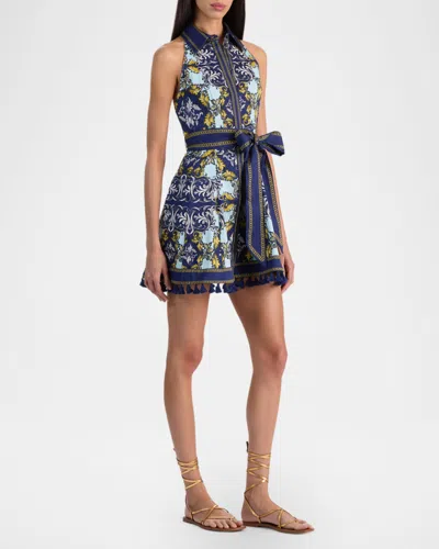Alice And Olivia Lucy Halter Mini Shirt Dress Antique Scroll In Blue