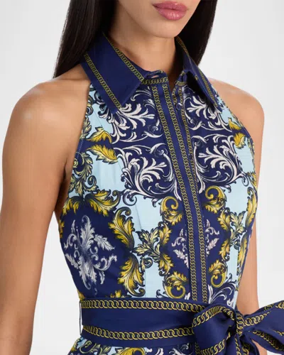 Alice And Olivia Lucy Halter Mini Shirt Dress Antique Scroll In Blue