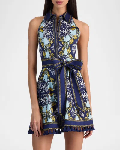 Alice And Olivia Lucy Halter Mini Shirt Dress Antique Scroll In Blue