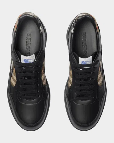 Burberry Men Leather Sneakers With Traditional Check Inserts In Black