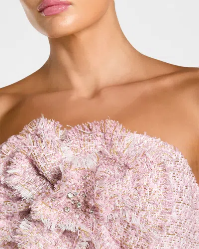 Mac Duggal Boucle Strapless Midi Dress With 3d Flower In Pink