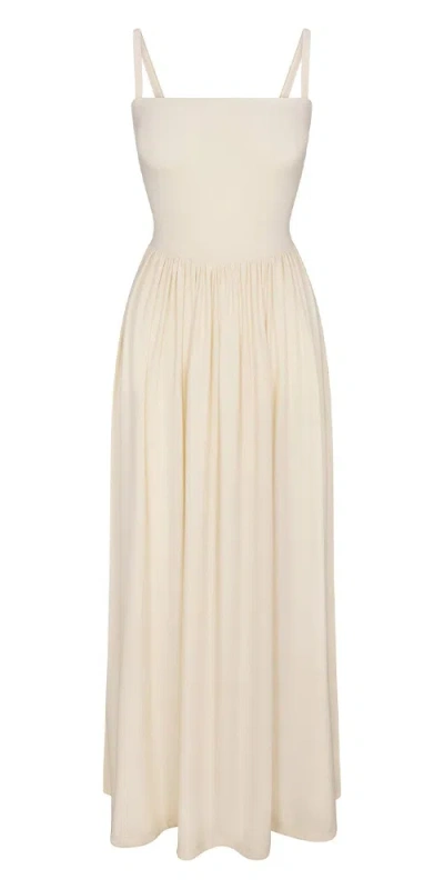 Anemos Square Neck Gathered A-line Maxi Dress In Compact Jersey In White