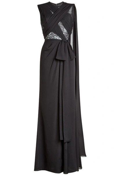 Elie Saab Floor Length Silk Gown With Lace In Black