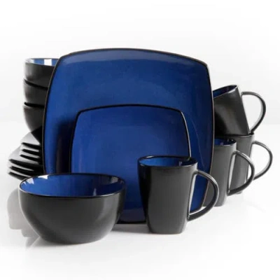 Gibson 16 Piece Square Stoneware Dinnerware Set In Blue