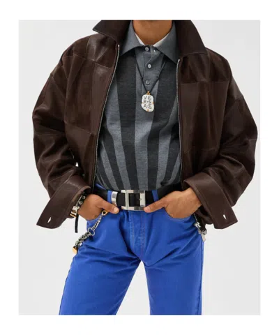 Versace Brown Blouson Leather Patchwork Cropped Jacket In Brown
