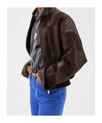 Versace Brown Blouson Leather Patchwork Cropped Jacket In Brown