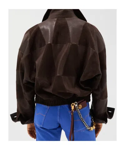 Versace Brown Blouson Leather Patchwork Cropped Jacket In Brown