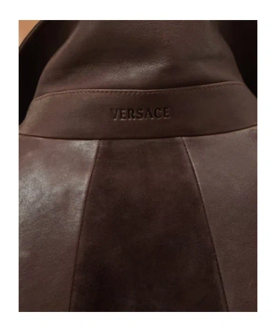 Versace Brown Blouson Leather Patchwork Cropped Jacket In Brown