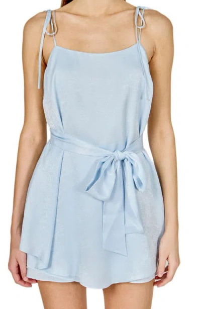 Endless Rose Tie Strap Belted Satin Romper In Blue