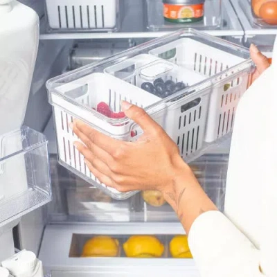 Ou Clear Stackable Fridge Organizer Bin With Drain Basket And Vented Lid, 5.3 Quart Capacity In Transparent