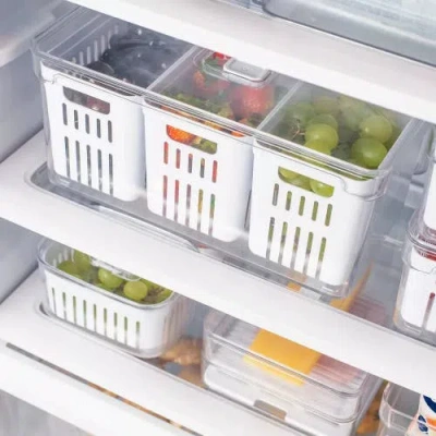 Ou Clear Stackable Fridge Organizer Bin With Drain Basket And Vented Lid, 5.3 Quart Capacity In Transparent