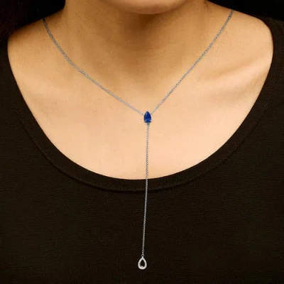 Haus Of Brilliance Sterling Silver Created Blue Sapphire And Diamond Accent Y Necklace In Metallic