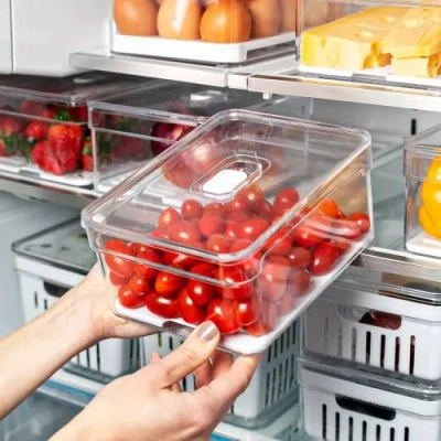 Ou Clear Stackable Fridge Organizer Bin With Drain Tray And Vented Lid, 2.3 Quart Capacity In Transparent
