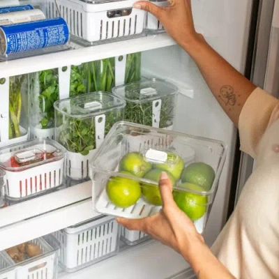 Ou Clear Stackable Fridge Organizer Bin With Drain Tray And Vented Lid, 2.3 Quart Capacity In Transparent