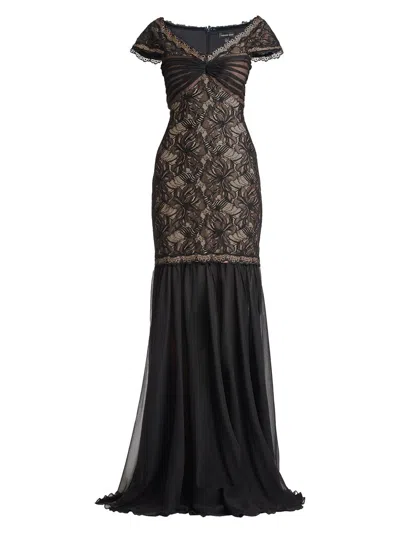 Tadashi Shoji Off The Shoulder Mixed Media Lace Gown In Black