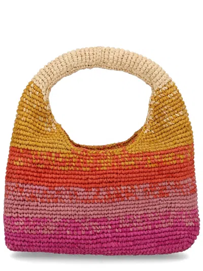 Manebi Beige Halfmoon Raffia Gradient Handbag In Pink