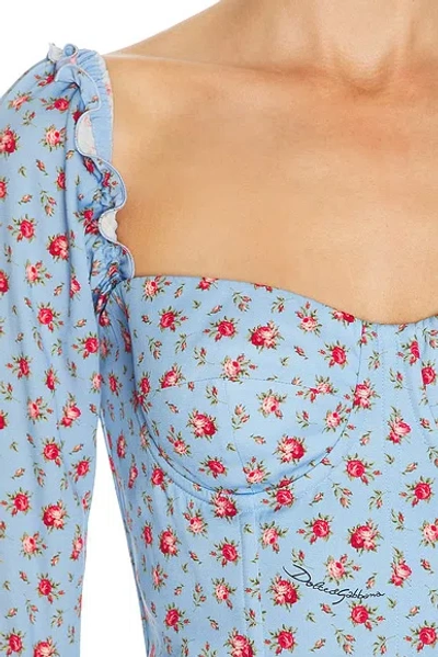 Dolce & Gabbana Small Rose-print Short Charmeuse Dress In Blue