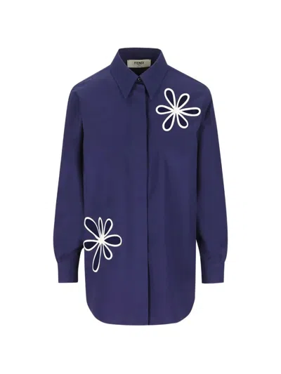 Fendi Poplin Shirt With Cut-out Details In Blue