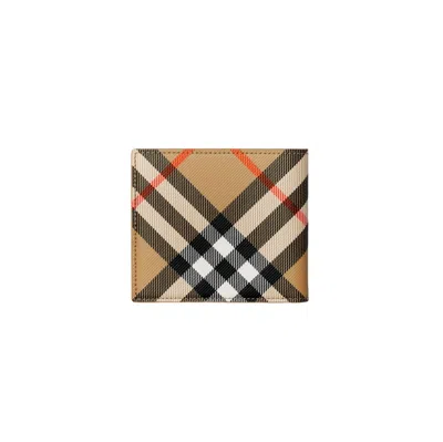 Burberry Check Pattern Beige Folding Wallet Men In Brown