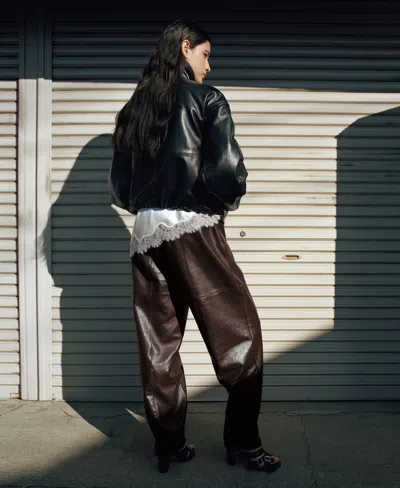 Mango Button Hem Leather Pants In Burgundy