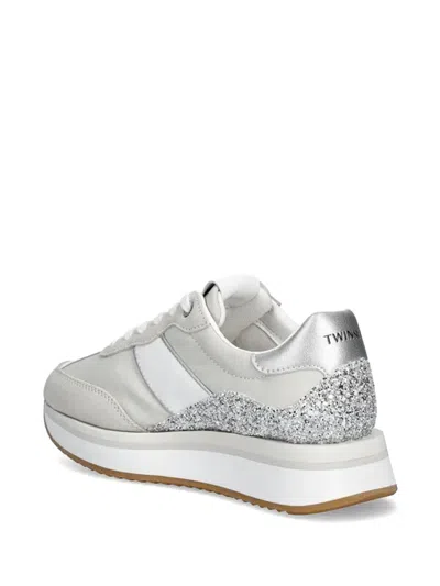 Twinset Glitter Panel Sneakers In Silver