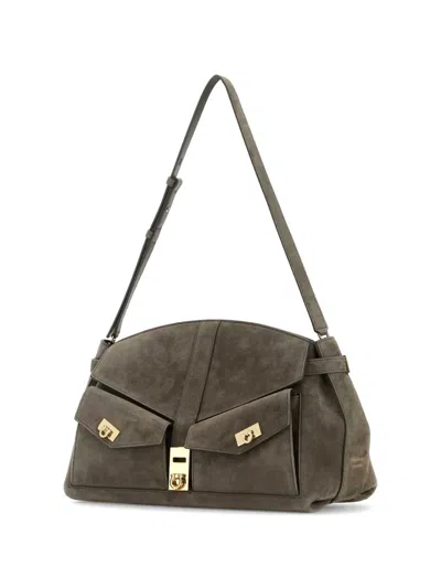 Ferragamo Adjustable Strap Suede Shoulder Bag In Gray