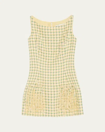 Oscar De La Renta Sequin-embellished Feather-trimmed Checked Cotton-blend Tweed Mini Dress In Yellow