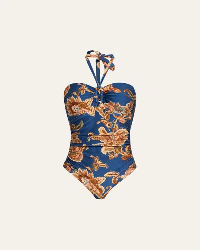 Zimmermann Aster Printed Halterneck Stretch-polyamide Swimsuit In Blue